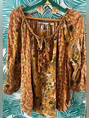CAFFE Marrakesh Mustard Floral Ruffle Tie-Neck Peasant Blouse Sz XL